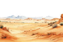 A Panoramic View Of A Desert With Shifting Sand Dunes, Depicted In Watercolor Style, Isolated On A Transparent Background For Design Layouts Ai Generate