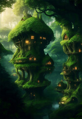 Wall Mural - Elf houses built inside trees, Generative AI Illustration.