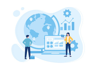 Two business people analyzing stock market growth data concept flat illustration