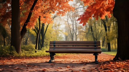 Wall Mural - Autumn park with bench and maple leaves new high -quality, universal colorful technologies, illustration design, generative artificial intelligence