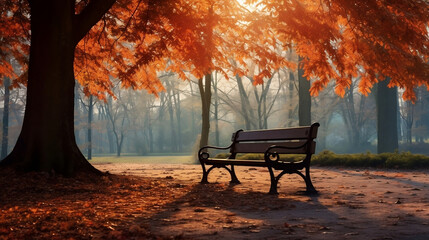 Wall Mural - Autumn park with bench and maple leaves new high -quality, universal colorful technologies, illustration design, generative artificial intelligence