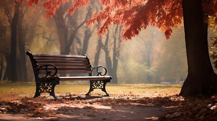 Wall Mural - Autumn park with bench and maple leaves new high -quality, universal colorful technologies, illustration design, generative artificial intelligence