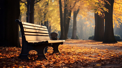 Wall Mural - Autumn park with bench and maple leaves new high -quality, universal colorful technologies, illustration design, generative artificial intelligence