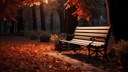 Wall Mural - Autumn park with bench and maple leaves new high -quality, universal colorful technologies, illustration design, generative artificial intelligence