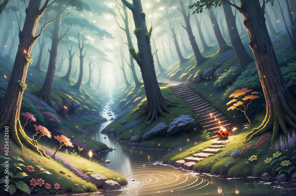 Enchanted fantasy forest landscape with a winding river, lush green ...
