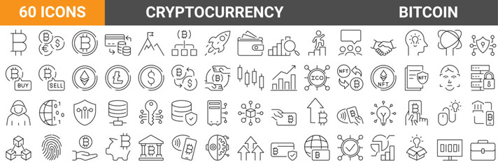 Wall Mural - Set of 60 Cryptocurrency economy web icons collection. Blockchain package. Bitcoin, NFT, Vector illustration. Outline icon. Editable stroke.