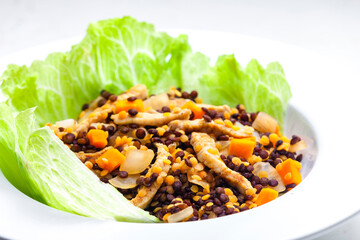 Wall Mural - lentil salad with poultry meat and vegetables