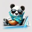 ©  iiulia - Panda in a scarf and tinted glasses rides in a blue convertible on a white background. AI Generated