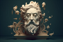Mockup 3d Statue Of Powerful And Handsome Bearded Greek Mythology GOD At Smooth Gradient Plain Background. Generative AI.