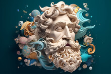 Mockup 3d Statue Of Powerful And Handsome Bearded Greek Mythology GOD At Smooth Gradient Plain Background. Generative AI.