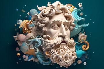 Mockup 3d statue of powerful and handsome bearded Greek Mythology GOD at smooth gradient Plain background. Generative AI.