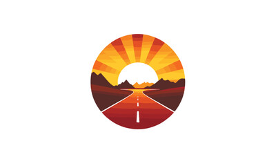 sunset road desert trip logo vector with highway travel icon