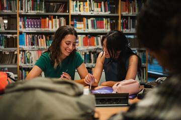 Smiling university students explaining concepts of a subject at the library.