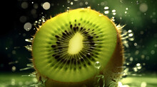 Close Up Kiwi Fruit With Water Splashing