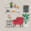 © robu_s - Home office interior. Vector illustration. Modern workplace cabinet room Office workplace scene Office workplace interior design banner Home office concept Empty working place with furniture
