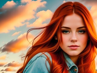 Wall Mural - Red haired young woman, generative ai