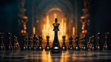 Black King Winner Surrounded With Black Gold Chess Pieces On Chess Board Game Competition. Concept Strategy, Leadership And Success Business, Generative Ai