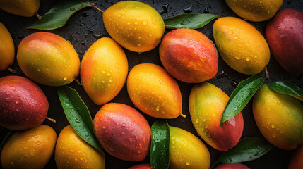 Wall Mural - Heap of ripe mangos with leaves, waterdrops