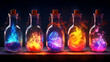 Magic bottles with magic elixirs for love spells, sorcery and divination. Magic illustration and alchemy. Digital ai art, Generative Ai