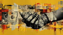 Hand With Money Grunge Design On Yellow Background. Digital Collage. Generative AI.