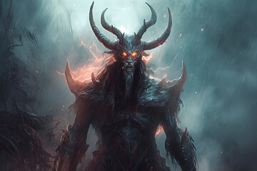 Poster - Demon with horns and glowing eyes standing against the rainy misty sky and lightning. Generative AI