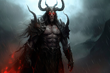 Poster - Demon with horns and glowing eyes standing against the rainy misty sky and lightning. Generative AI