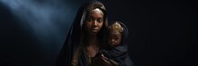 Holy Mary And Jesus Are Black, Fictional African American Mother Of God Holding Jesus Christ, Created With Generative AI	
