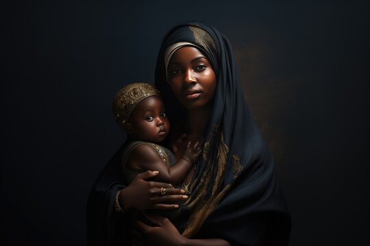 Holy Mary and Jesus are black, Fictional African American mother of god holding Jesus Christ, created with generative AI	
