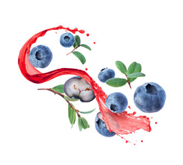 Wall Mural - Ripe blueberries with leaves in splashes of juice isolated on white background