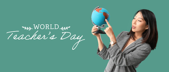 Poster - Asian woman with globe on green background. World Teacher's Day