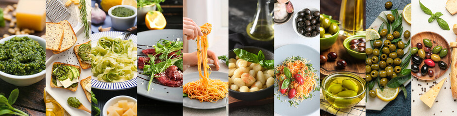 Wall Mural - Collage of traditional Italian food on table