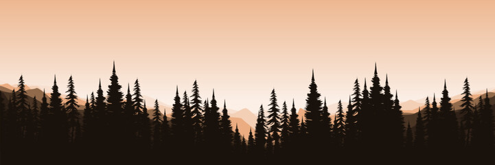 nature mountain landscape forest silhouette sunset dusk sky horizon vector illustration good for wallpaper, backdrop, background, web banner, and design template