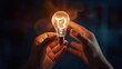 © Damerfie - Concept of business strategy and future sustainable energy plan. Hand holding light bulb for creative and set up business objective target and success and business goals concept..