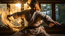 Martial Artists In The Dojo Training, Glowing Sparks In The Background, Generative AI