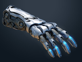 Robot hand model on dark grey background. Generative AI