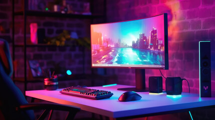 Wall Mural - A gaming computer with RGB LED lighting on the desk