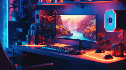 Wall Mural - A gaming computer with RGB LED lighting on the desk