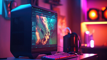 Wall Mural - A gaming computer with RGB LED lighting on the desk