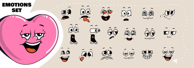 cartoon retro faces. vintage emotional face, old style funny eyes and mouth, different facial expres