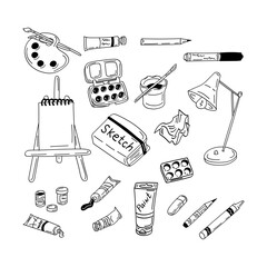 Set of hand drawn doodle cute artist things. Vector isolated outline elements onn white background. Brushes, pencils, paints, sketchbook. Sketch design. Perfect for coloring pages, stickers, tatoo