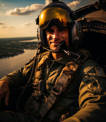 Wall Mural - Confident smiling pilot sitting in the cabin of his plane. Aviator in the air on a mission. Generative AI.