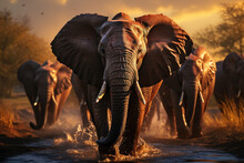 Full Body Of Herd Of Very Long-tusked Elephants In The Sunset