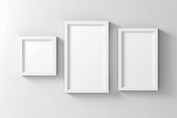Wall Mural - Realistic A3, A4-size wooden blank picture frames that are rectangular and square in shape hang on a white wall from the front. empty wood frame with shiny glass as an example. Mockup design template.