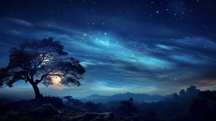 beautiful magic blue night sky with clouds and fullmoon and stars generative ai