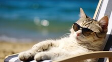 A Lazy Cat In Sunglasses Is Resting On The Beach. Summer Relax. The Concept Of Summer Tourism. Generative AI Illustration For Cover, Card, Postcard, Interior Design, Decor, Invitations Or Print.