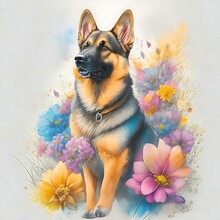 German Shepherd Dog Sitting, Full Height, Flowers On The Background, Watercolor Art, Pop Art. Digital Illustration Generative AI. 