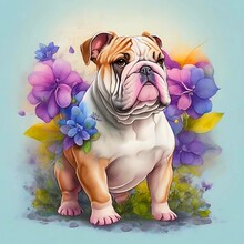 English Bulldog Dog Standing, Full Height, Flowers On The Background, Watercolor Art, Pop Art. Digital Illustration Generative AI.