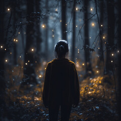 Young woman in the woods looking at magic glowing fairy lights