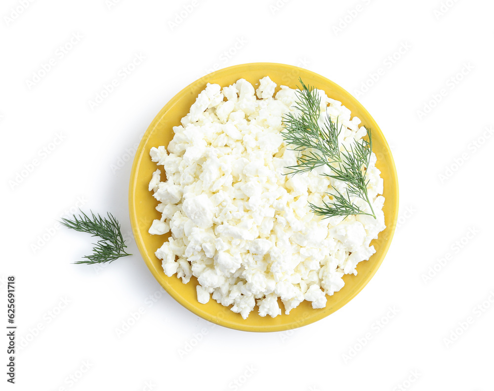 Bowl of tasty cottage cheese on white background