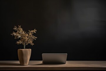 Poster - Computer at the office, with a plant on the wooden table. background: light brown